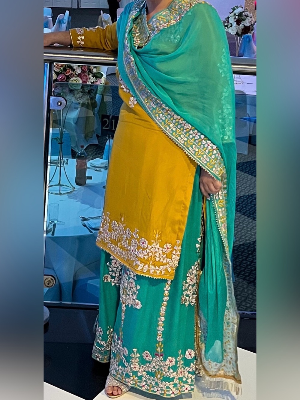 Teal & Mustard Embroidered Lehenga Set
